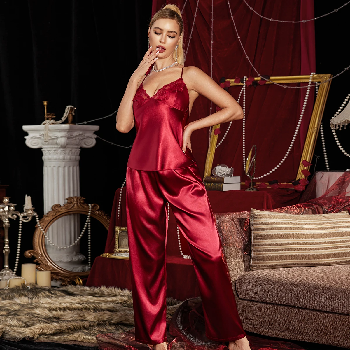 Women's Pajama Set Lace Trim Camisole with Pants High Quality Soft Comfortable Sleepwear image 5