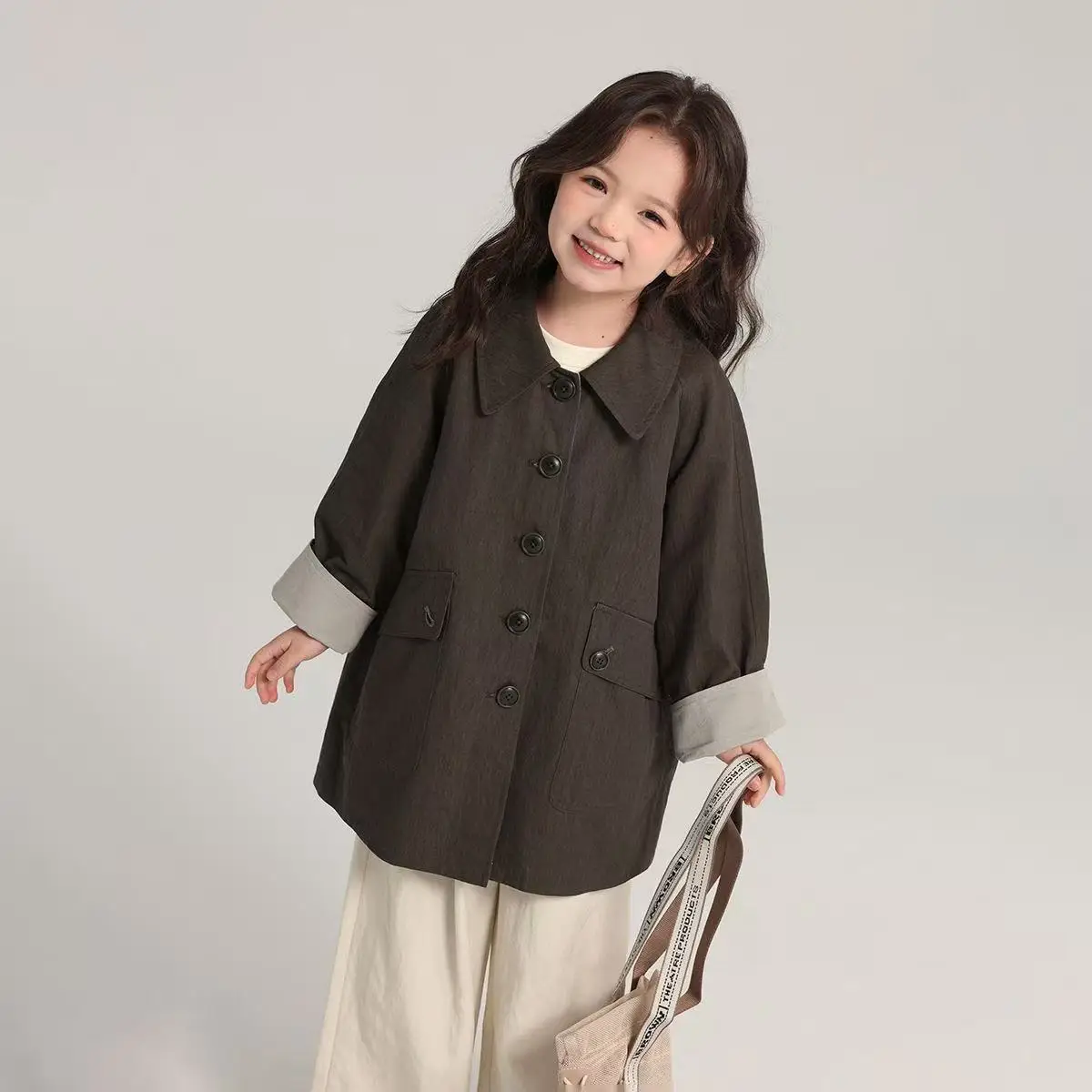 Girls Vintage Loose Casual Coat Spring Autumn2026   New Style Children's Windbreaker Outerwear for Kids