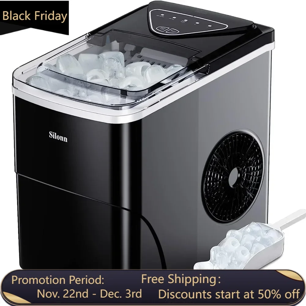 

Ice Maker Countertop, 26lbs in 24Hrs, Self-Cleaning Ice Machine with Ice Scoop and Basket, 2 Sizes of for Kitchen Office Bar