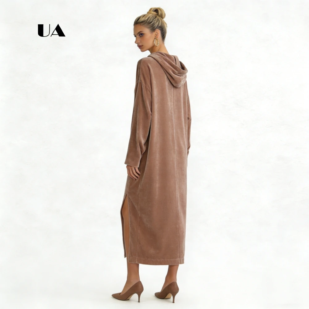 ULBYANRY Velvet Hooded Loose Prom Dress Solid Long Sleeve Draw String Evening Dress for Woman Simple Slit Customized Party Gown