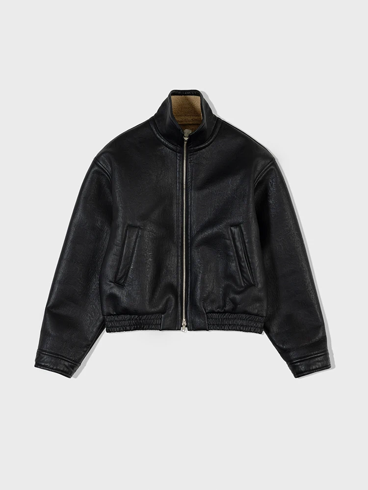 Cool Thiened fourrure d'agneau Jaet femmes automne hiver nouveau Sle petite taille col montant en cuir PU manteau chaud vêtements d'extérieur décontractés