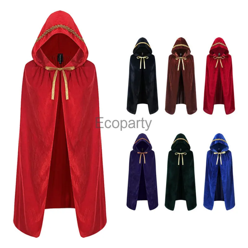 7 Colors Adult Halloween Velvet Hooded Cloak Red Medieval Witch Wicca Vampire Costume Men Women Purim Carnival Party Cape Coats