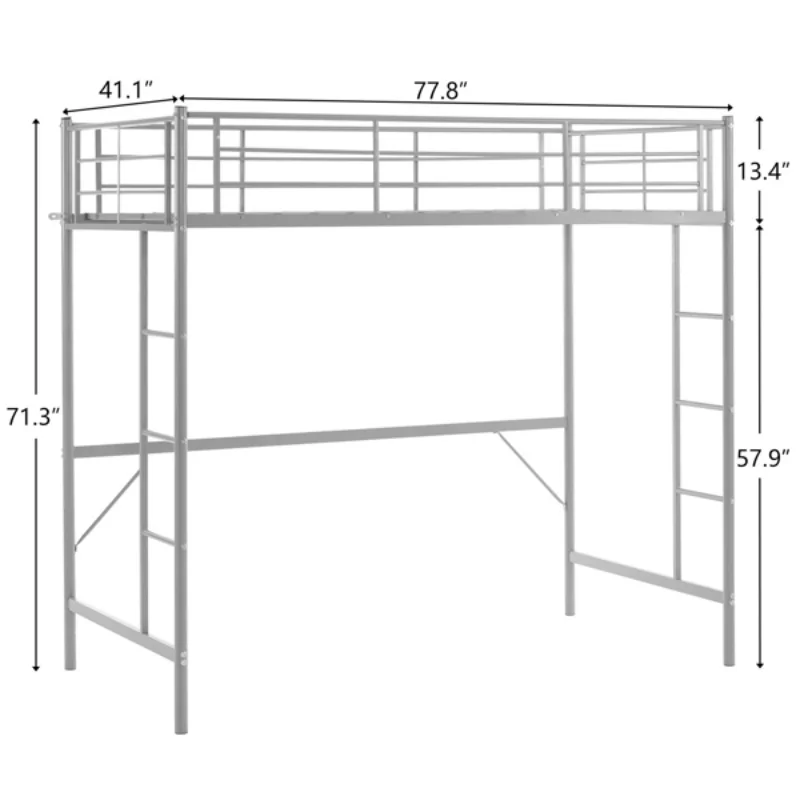 Elevated bunk bed frame for teens with safety rails and 2 built-in ladders, space saving, noiseless, no box spring required