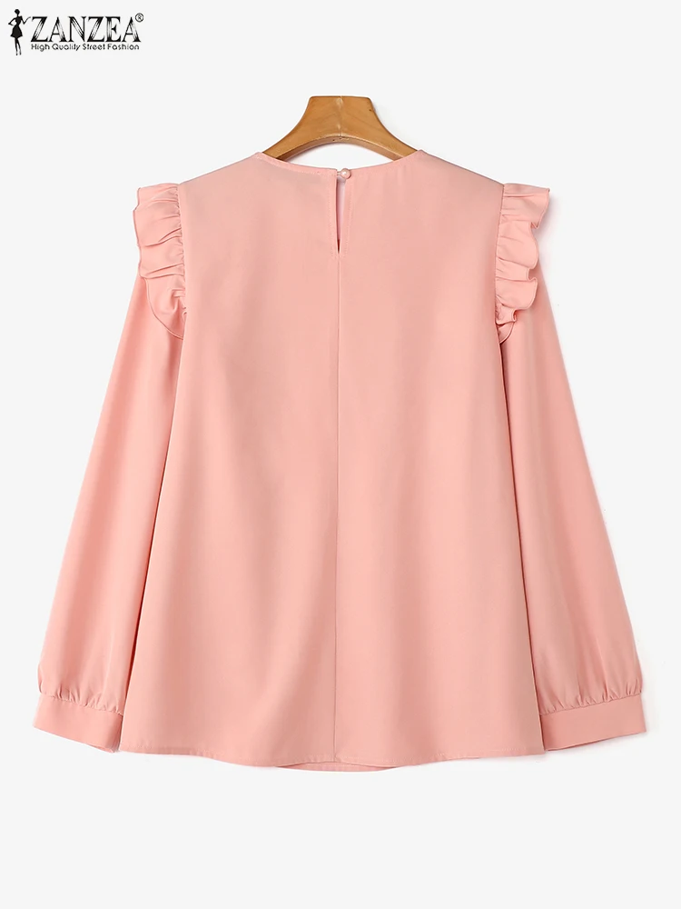 ZANZEA, Blusas de moda de otoño para mujer, Blusas informales de manga larga con volantes, Tops de Color sólido, túnicas holgadas elegantes con cuello redondo para mujer
