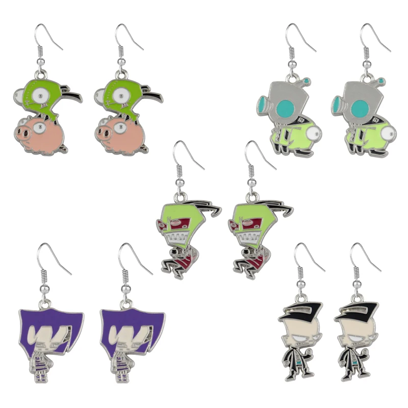 Cartoon Movie Alien Invader Earrings Anime Cosplay Zim Metal Figures Eardrop Accessories For Women Fans Gift