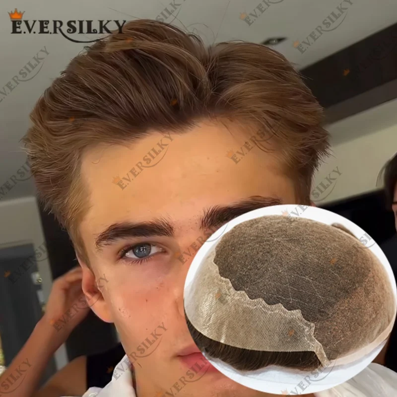 تنفس 100% الشعر البشري الرماد شقراء براون Q6 الرجال الشعر المستعار الدانتيل الناعم و رقيقة جدا الجلد بولي Men الرجال الشعرية الاصطناعية خط الشعر الطبيعي