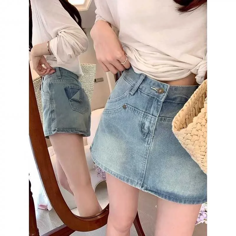 

Ретро-юбка из тонкого денима, женская, свободного кроя, с высокой талией, А-силуэт, короткая, в корейском стиле, для повседневной носки, винтажная, на пуговицах и молнии
