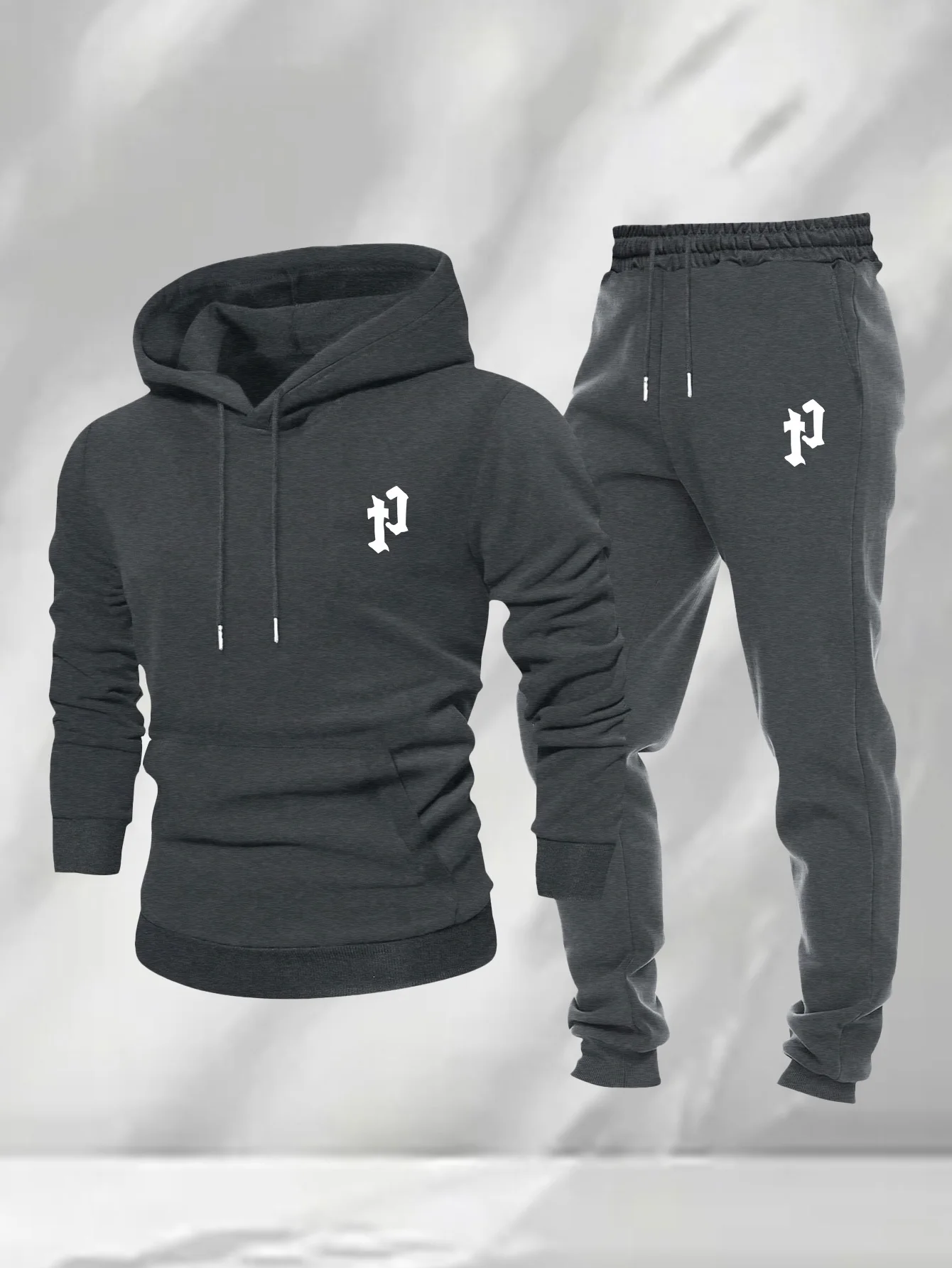 

2026 Men 2Pcs Minimalist Gothic Letter Print Hoodie Sweatpants Set Polyester Loose Autumn Street Casual Tracksuit For Men