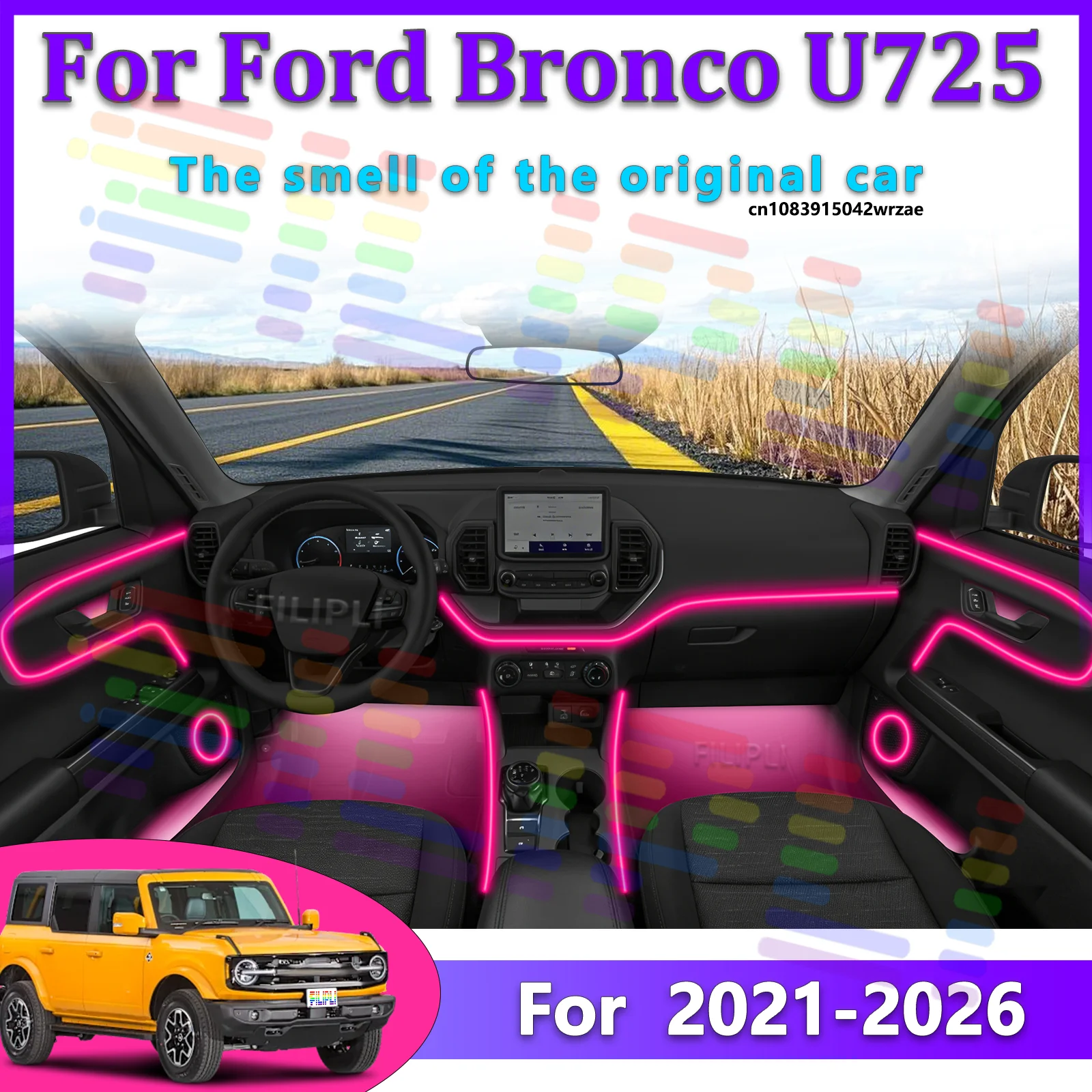 

For Ford Bronco U725 2026 Car LED Ambient Lamps Colorful Atmosphere Lights Auto Interior Neon Strip App Control 64 RGB Light
