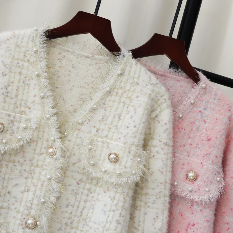 

2025 Fashion Women's Faux Mink-velvet Beaded Knitted Cardigan Coat Short Sweater Jacket Autumn Winter Casual V-collar Outerwear