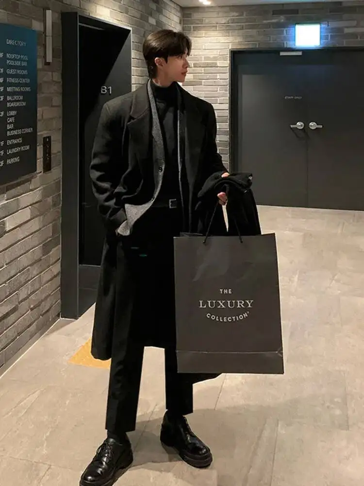 เสื้อโค้ทขนสัตว์ผู้ชายสไตล์เกาหลี ปกพับ กระดุมแถวเดียว ยาวคลุมเข่า หนา ใส่สบาย ลำลอง สำหรับผู้ชาย ฤดูหนาว 2025