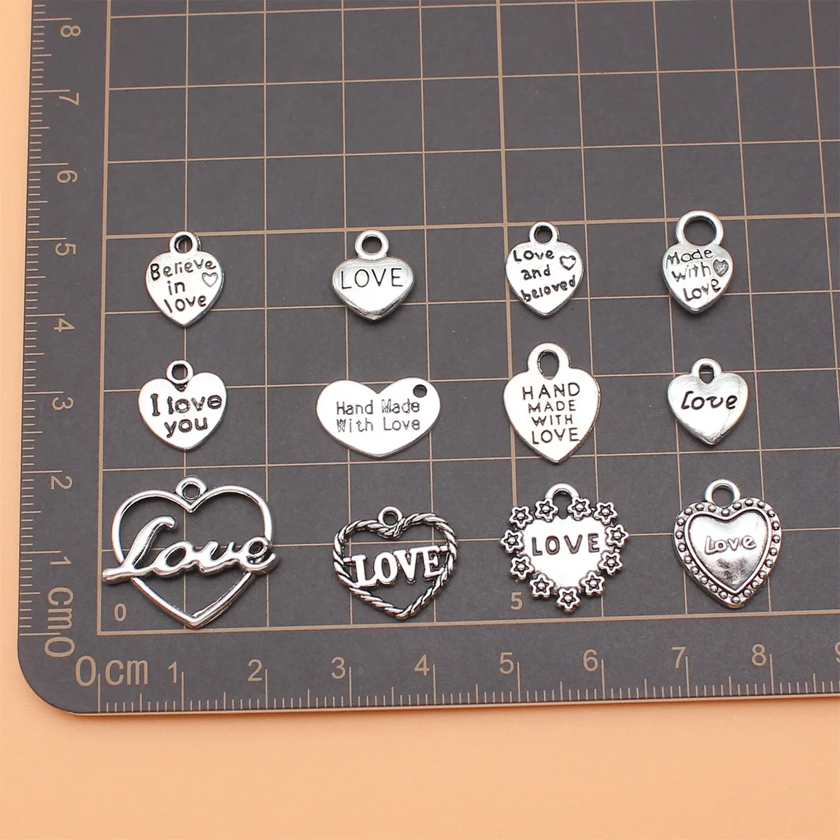 12pcs Antique Silver Color Love Heart Charms Collection For DIY Jewelry Making, 12 Styles, 1 of Each