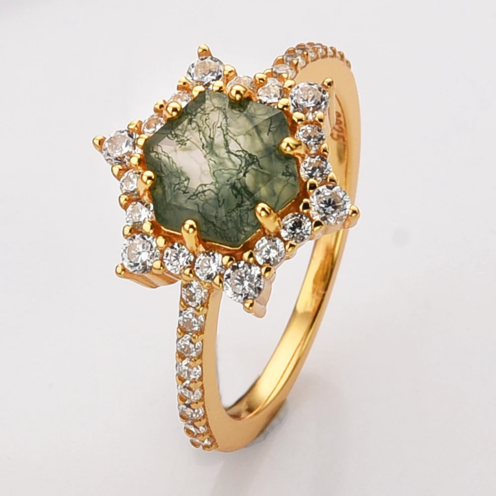 

Luxury Hexagon Moss Agate Gemstones Halo Ring for Women 925 Sterling Silver Round Cut Half Eternity Zircon Engagement Jewelry