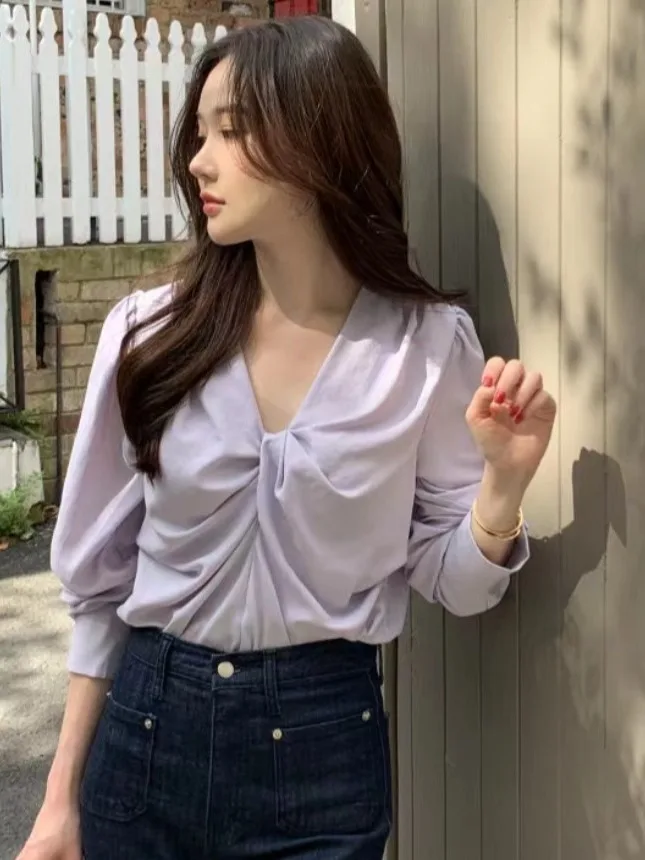 

Ele Casual Long Sve V-Ne Knot Top Women's irt Faionable Simple Match All Seasons Spring Summer Autumn Winter