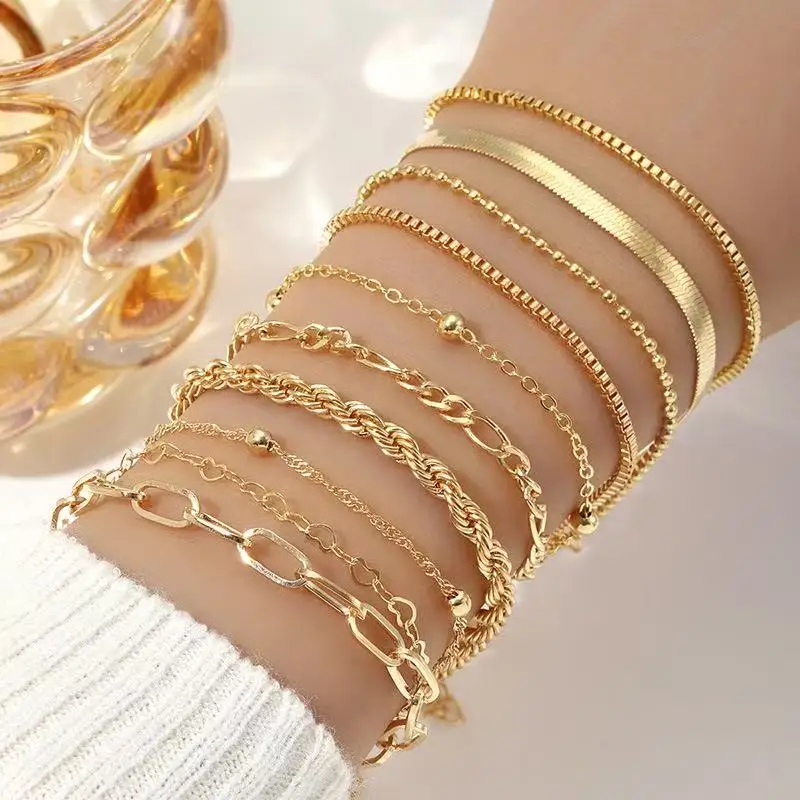 10 Pcs Vintage Statement Gold Color FlatSnake Chain Box Chain Bracelet BohoMulti-layer Metal Bracelet Women'sSummer Jewelry