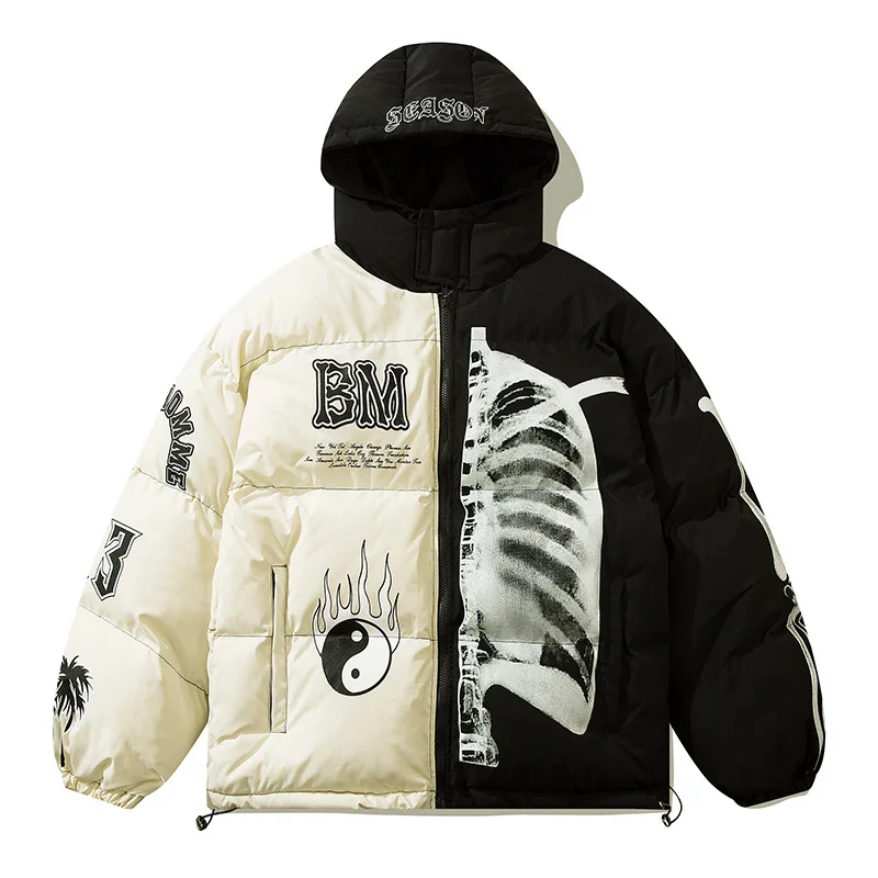

Skeleton Printed Men's Quilted Jackets, Color Blocking Hooded Mans Puffer Parkas, Y2k Oversized Winter Snow Coat