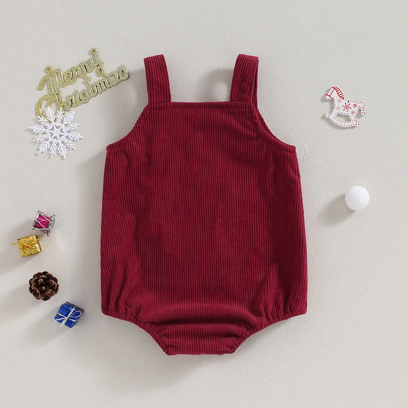 0-18M Baby Boy Christmas Corduroy Rompers Infant Elk Embroidery Buttom Sleeveless Jumpsuits Overalls Newborn Bodysuit for Winter