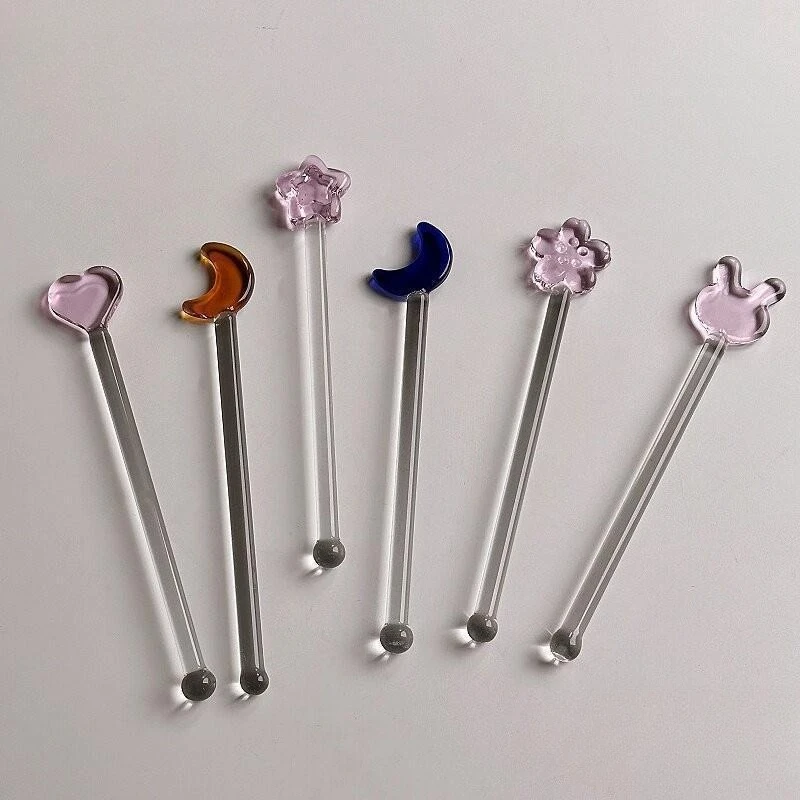 Cute Moon Star Glass Stirring Rod Long Handle Coffee Stirrers Cocktail Drink Mixer Spoon for Juice Milk Bar Party Girls Gift