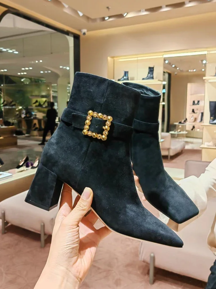 

Diamond belt buckle high-heeled short boots for women's new style square toe thick heel knight boots with side zipper boots