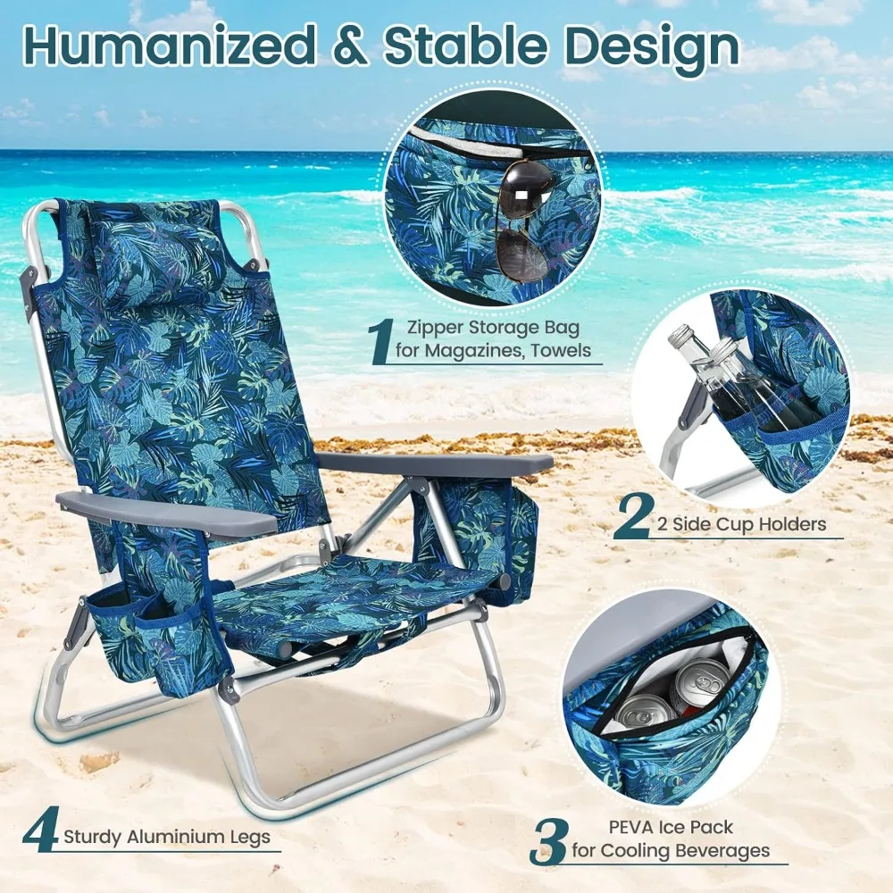 5-Position Lay Flat Beach Chairs With Cooler Bag Chair Beach Chaise Longue Towel Bar 2 Cup Holders Folding Camping Chairs Playa