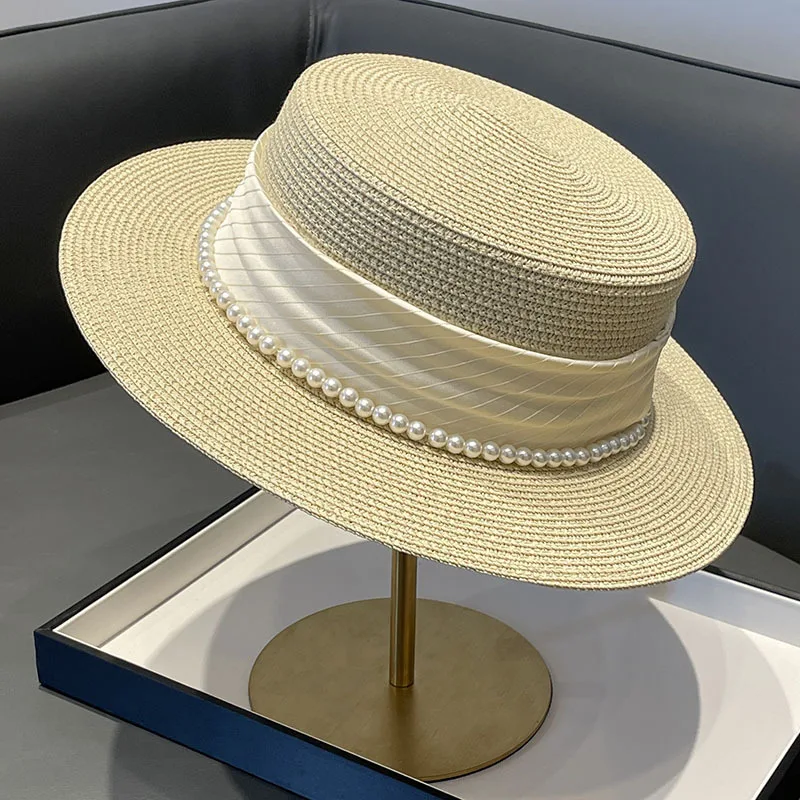 

Sun Hats for Women French Socialite Style Flat Top Hat New Summer Elegant Pearl Grass Weaving Panama Beach Hat