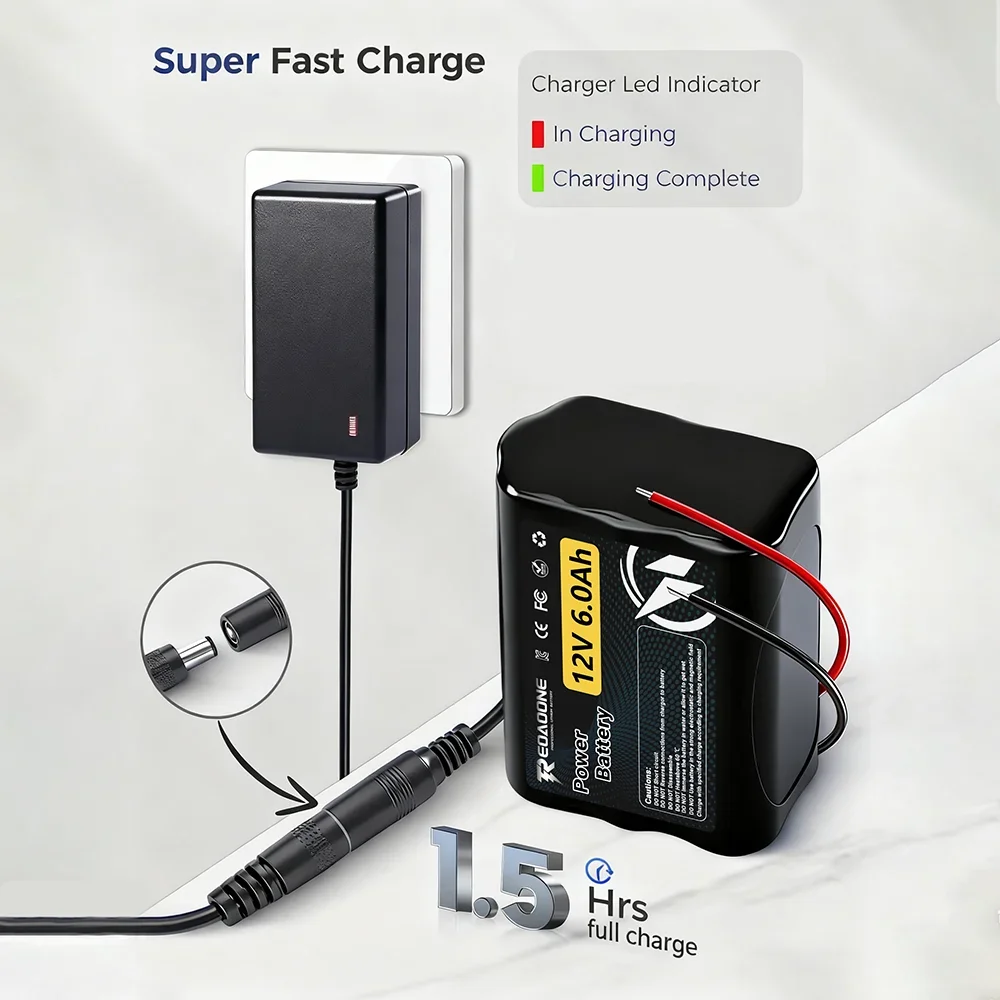 بطارية ليثيوم قوية قابلة لإعادة الشحن 12 فولت 6000 مللي أمبير في الساعة مع BMS مدمج لسيارة RC، كاميرا CCTV، ضوء LED، لوحة شمسية #6