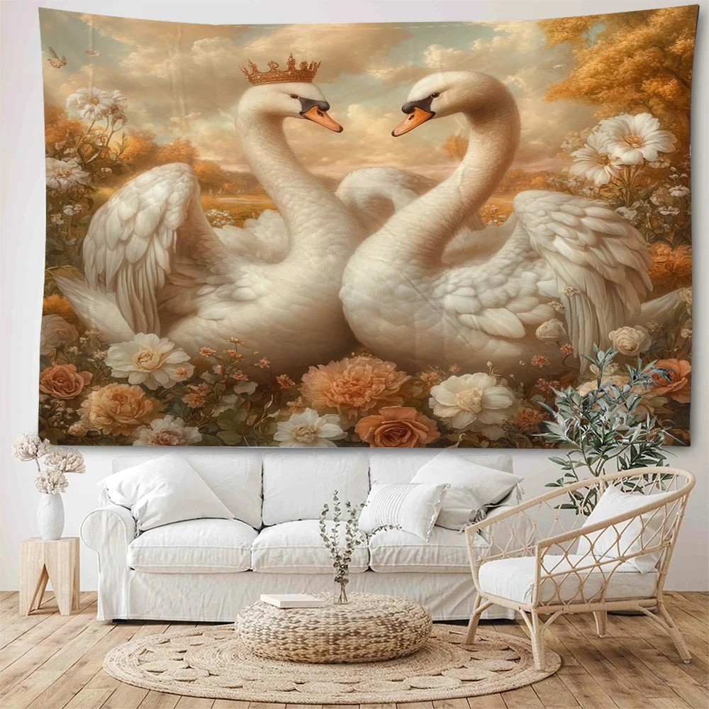 Beautiful swans in the river, affectionate and warm. The background decoration is a tapestry symbolizing beautiful love