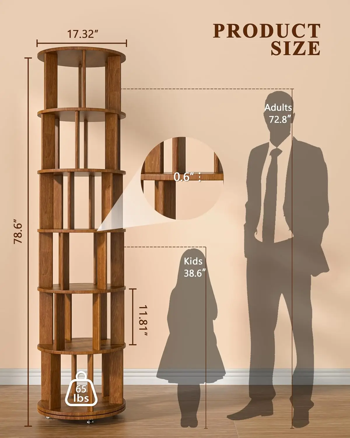6 Tier Solid Wood Rotating Bookshelf On Wheels 360 Degree Spinning Book Shelf Tower Round Revolving Bookcase Organizer For Small Space Bedroom Kids Room Corner Home Office, Walnut