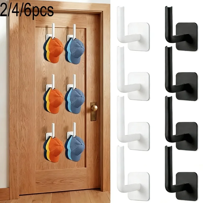 2/4/6Pcs Baseball Cap Hook L-shaped Self-adhesive Hook Black White Plastic Save Space Hook Hat Scarf Towel Storage Hook