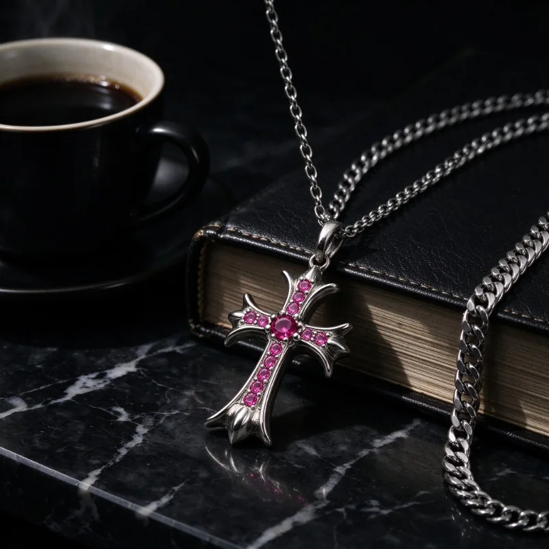 Dark Aesthetic Gothic Cross Pendant Unisex Punk Rock Style Stainless Steel Engraved Charm Jewelry for Men Women Daily Matching Party Accessory Perfect Gift for Street Fashion Lovers