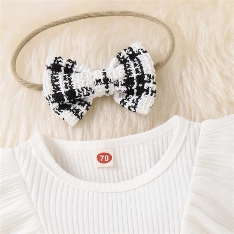 2022-10-12 Lioraitiin 0-24M Infant Baby Girls Bodysuit Dress Set Ruffle Long Sleeve Plaid Jumpsuits and Headband Newborn