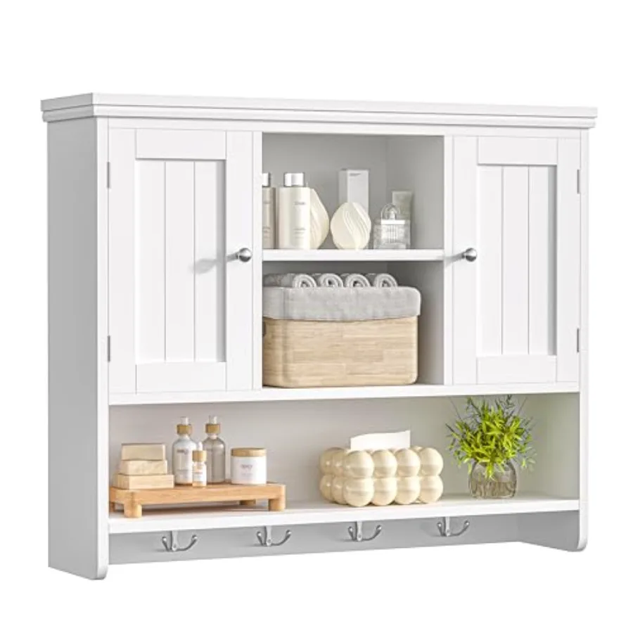

31.5 W Large Bathroom Wall Storage Cabinet with 2 Doors and 4 Hooks Modern Wooden Wall Mounted Cabinet with 3 Open Shelves for