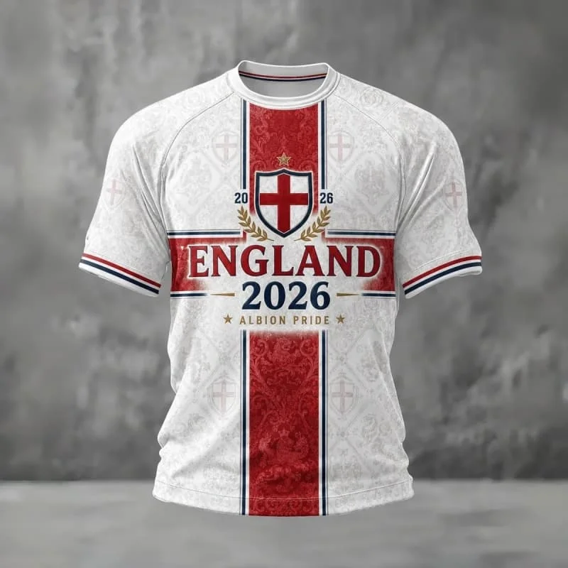 Retro Adult England Soccer Jersey Round Neck 2026 Crest Fan Football Shirt St George Cross Ornate Print Match Sport Top