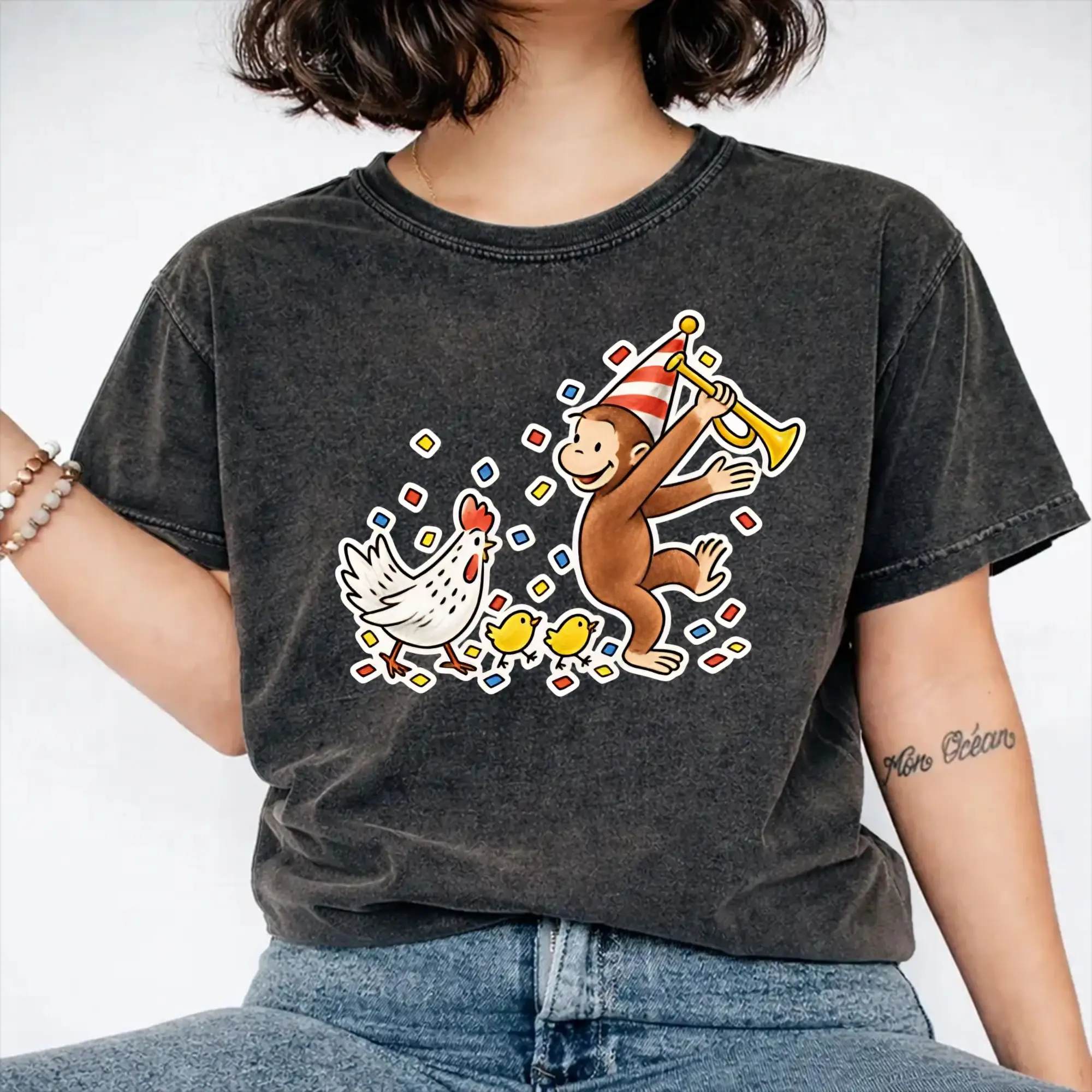 Party monkey Curious George Outfit Washed T Shirt Men Women Streetwear Hip Hop T-Shirt Printed  Tees Tops Short Sleeve
