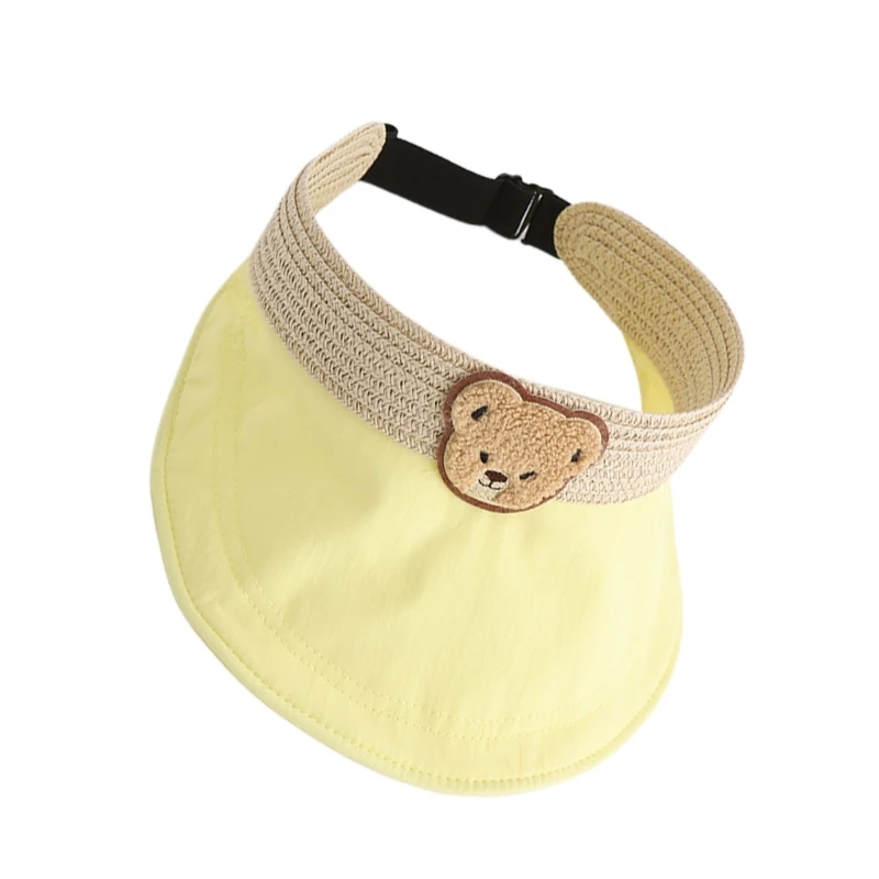 Sun Hat for Kids Outdoor Visor Hat Wide Brims Summer Spring Straw Weaving Hat Foldable Sun Hat with Cartoon Bear Decals