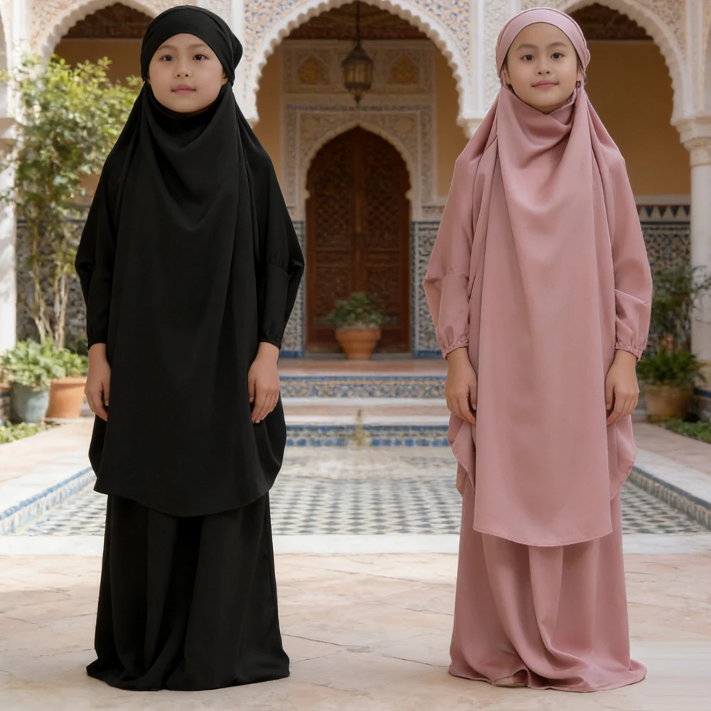 

Комплект из 2 предметов: мусульманское молитвенное платье для девочек (химар, джеллаба, хиджаб, юбка), исламская одежда для Рамадана и праздника Ид