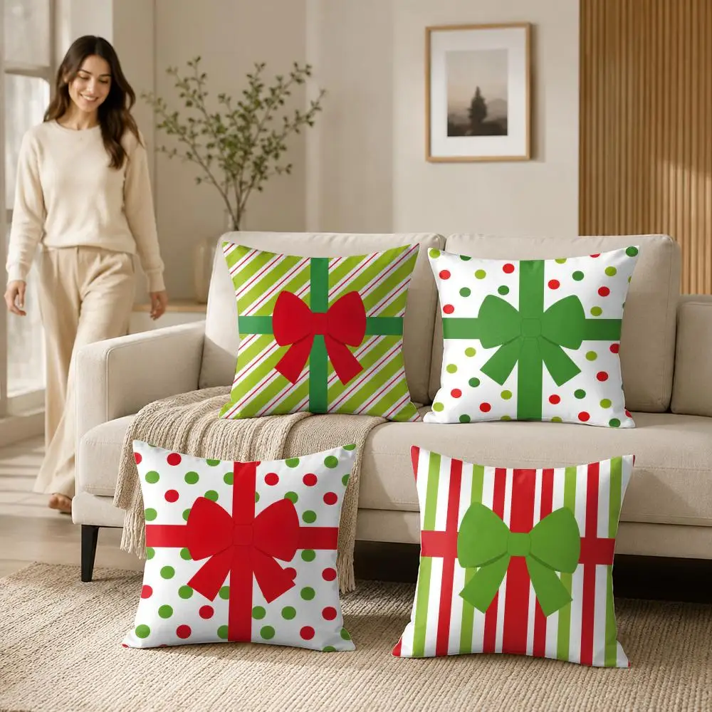 Green and Red Stripes Polka Dots Cushion Cover Soft Short Plush Pillow Case Double Sided Print Washable Sofa Home Decor Gift