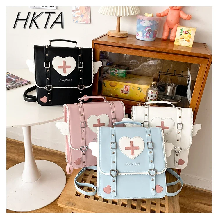 Japanese Cute JK Uniform Square Bag Lolita Sweet Angel Wings Heart Embroidered Bags Girls Preppy Style Kawaii Students Backpacks