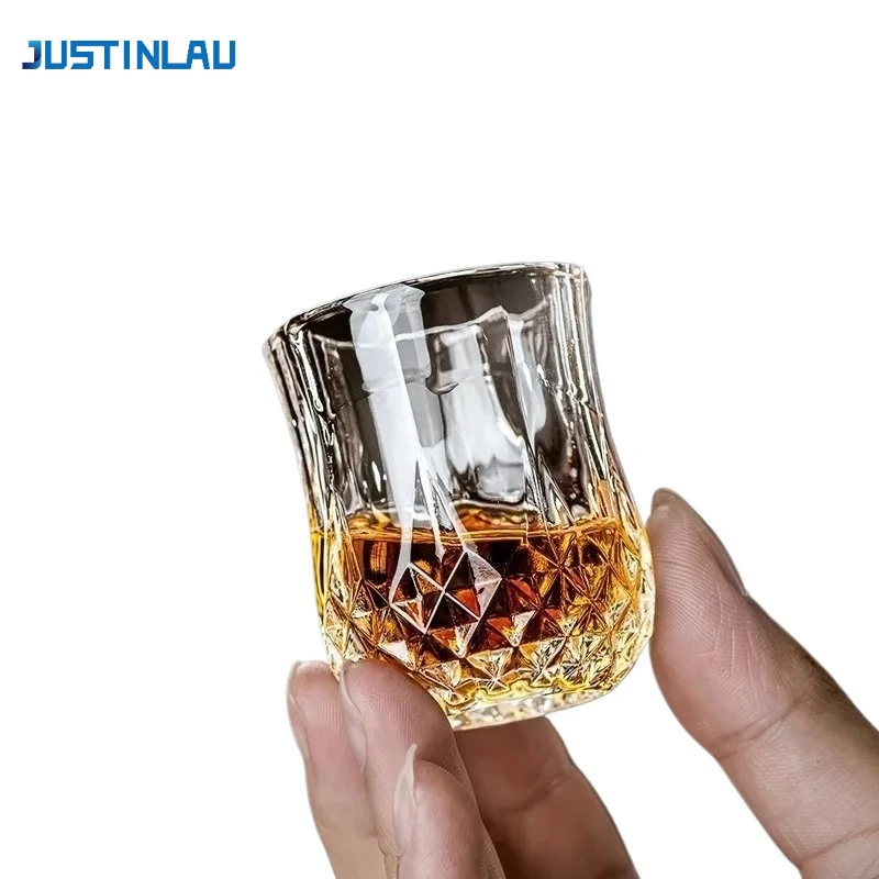 

JUSTINLAU 6Pcs/Set Whiskey Glass Cup Rum Mini Shot Glass Diamond Shaped Vintage Relief Cup Household Party Bar Drinking Tools