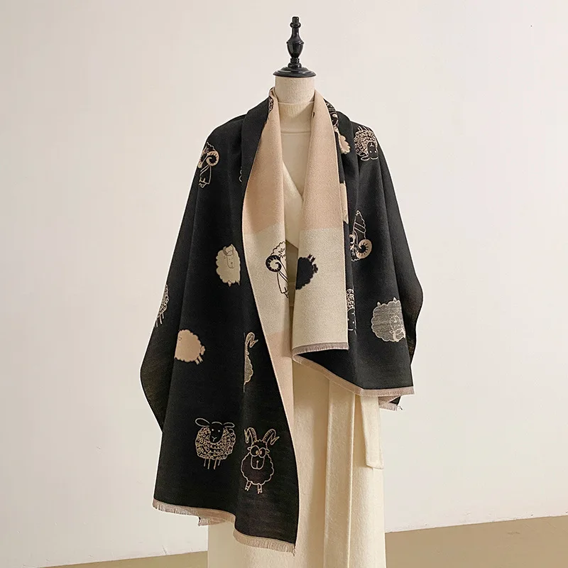 Scarf Women Shawl Wrap Pashmina Cape Stole Winter Autumn Sheep Pattern Jacquard Knit Thermal Air Condition Blanket