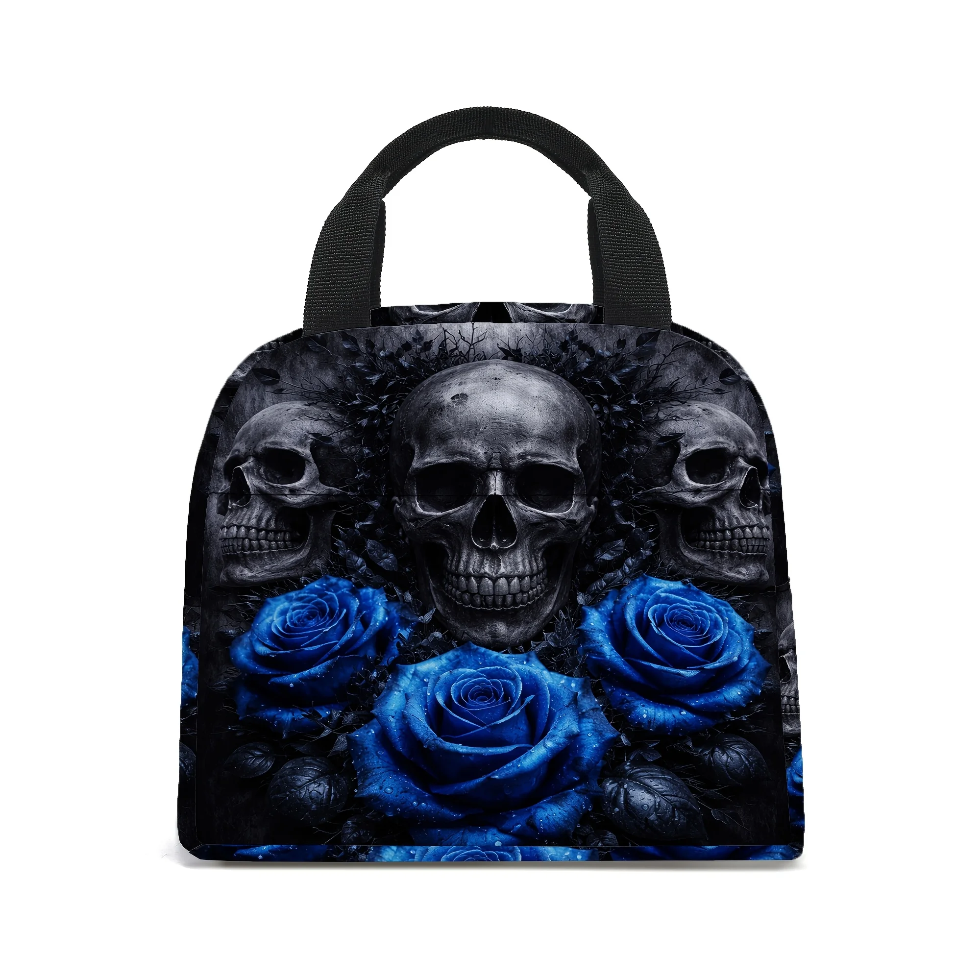 Gothic Blue Rose Skull Print Lunch Bag Dark Aesthetic Insulated Thermal Tote Reusable Cooler Bag for Goth Fans Alternative Style
