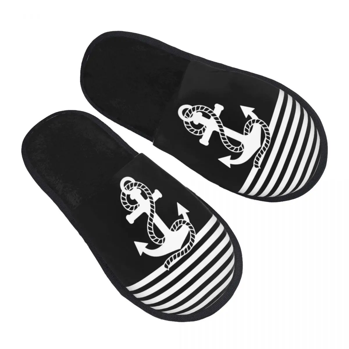 Custom Black White Nautical Stripes And Anchor Memory Foam Slippers Women Cozy Warm Sailing Sailor House Slippers