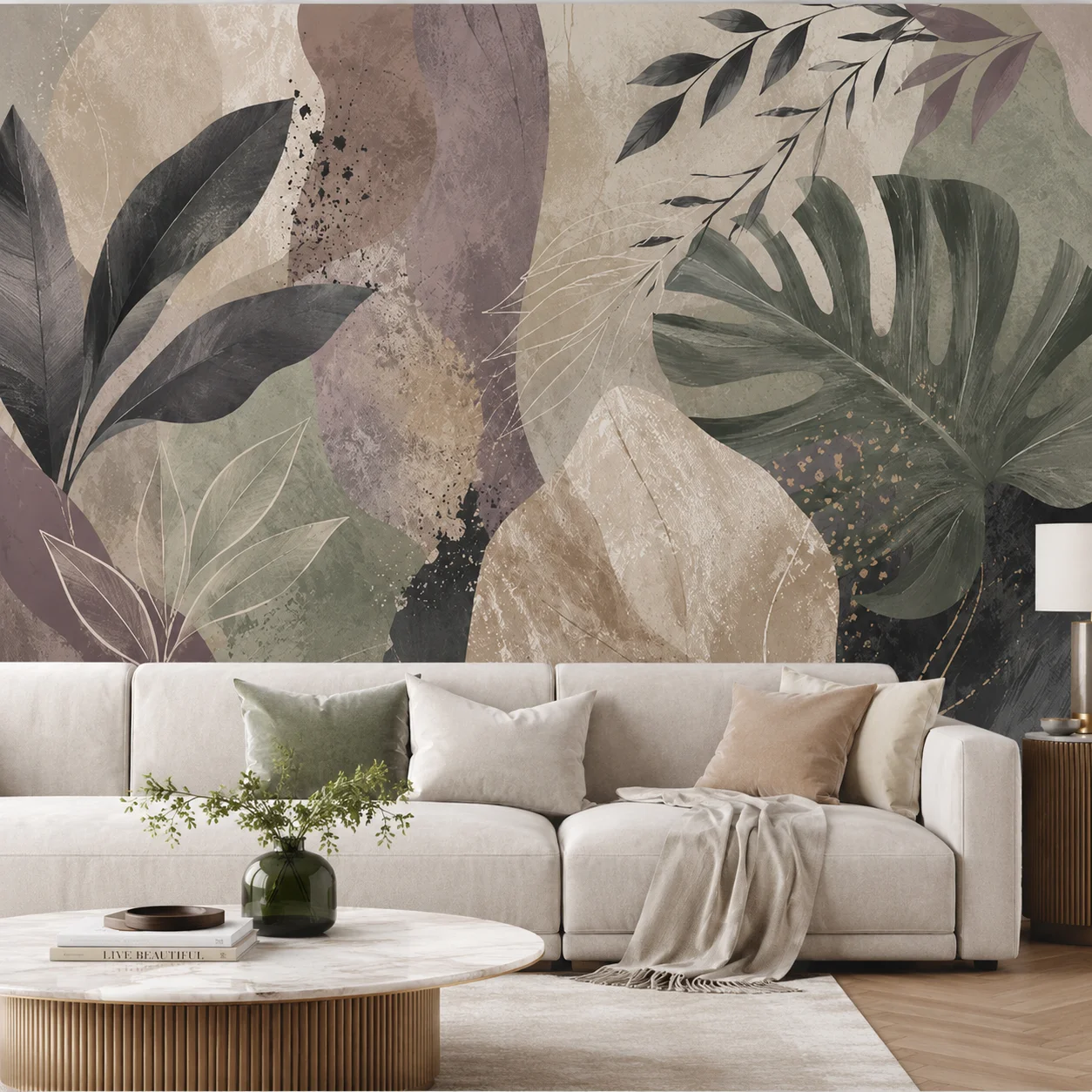 Modern Abstract Botanical Leaves Wall Mural Wallpaper Sage Green Mauve Boho Living Room Bedroom Non Self Adhesive Paste Required
