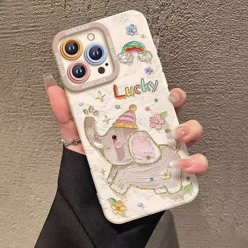 Vintage INS Oil Painting Ducks Elephants Artistic Lovely Phone Case for iPhone 17 16 15 14 11 12 13 Pro Max XR 8 Plus Back Cover