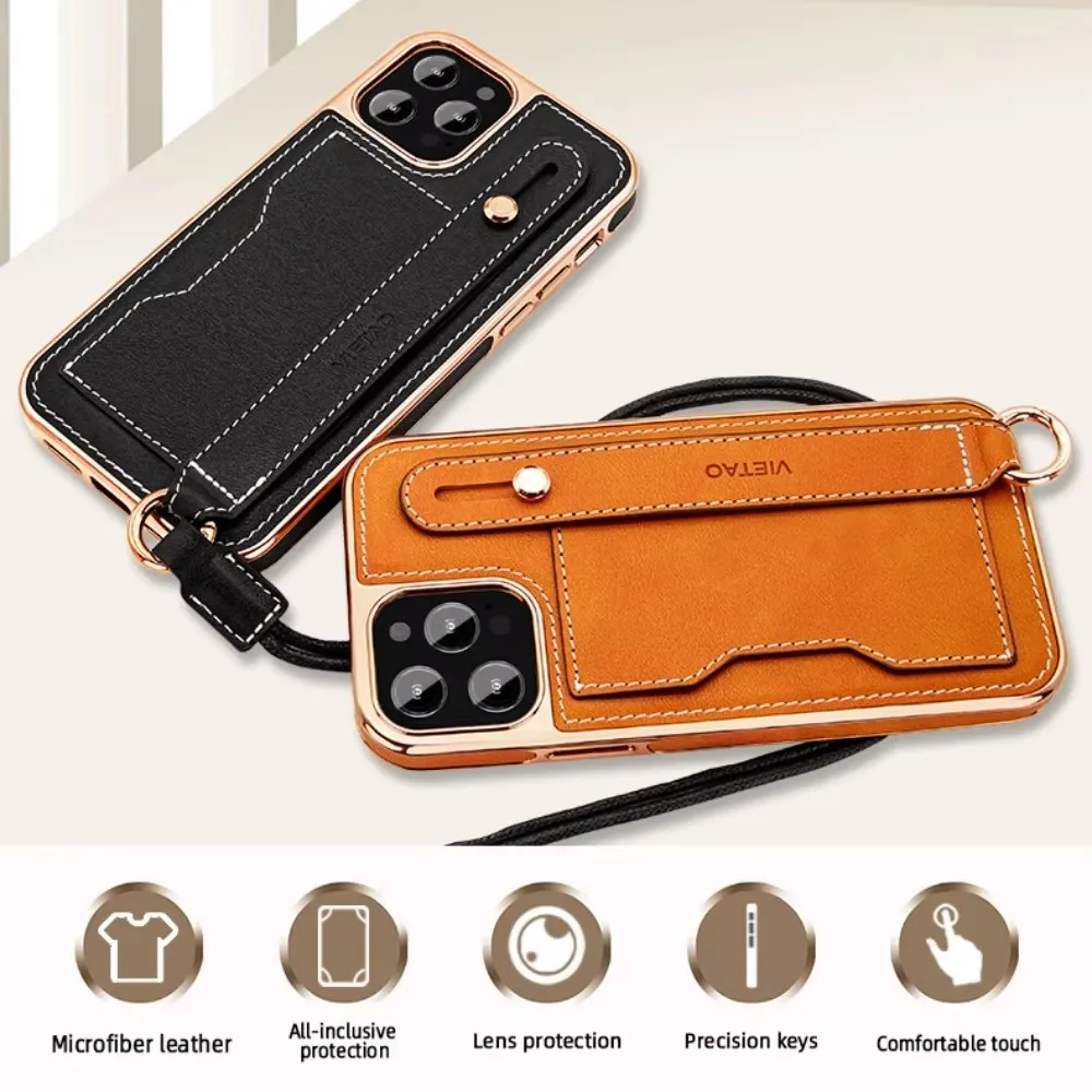 

Shockproof Anti-scratch Back Cover Card Slots Lanyard Wrist Strap For iPhone 16 15 14 Plus 13 12 Pro Max Leather Wallet Case