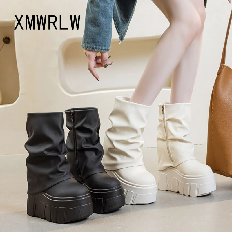 

XMWRLW Autumn Winter Leather Women Ankle Boots Fashion High Heels Platform Shoes For Women Ankle Boots Warm Plush Winter Shoes