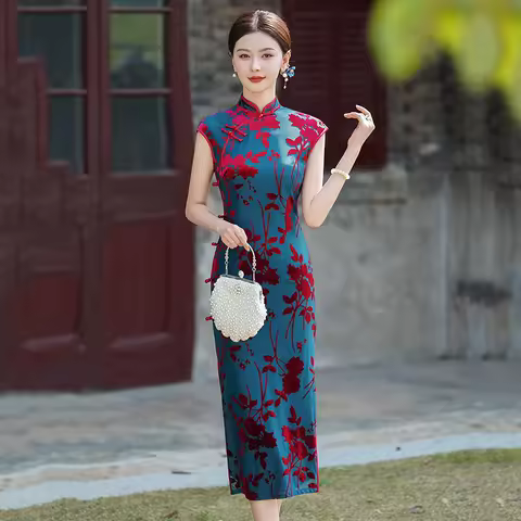 Yourqipao Summer High-end Mother Dress Long Cheongsam Improved Young Chinese Style Retro Evening Dress Qipao for Women Party