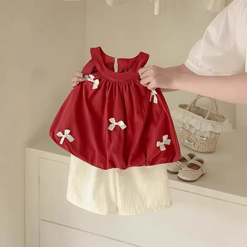 

Two Piece Set Girls' Summer Dress 2026 New Style Children's Bow Vest Strap Baby Pants Kids Cute Suit