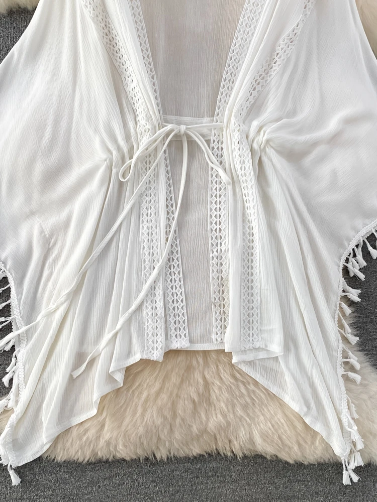 

Beach Vaion Fringed Open Cardigan Loose Women's Summer Outerwear awl V-Ne Long Sve Korean Sle Air Conditioning