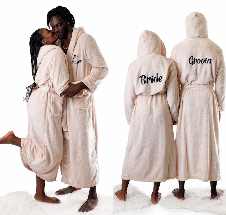 Custom His and Hers Long Bathrobes with Hoodies Honeymoon Gift Anniversary Groom and Bride Wedding Matching Couple Bathrobes